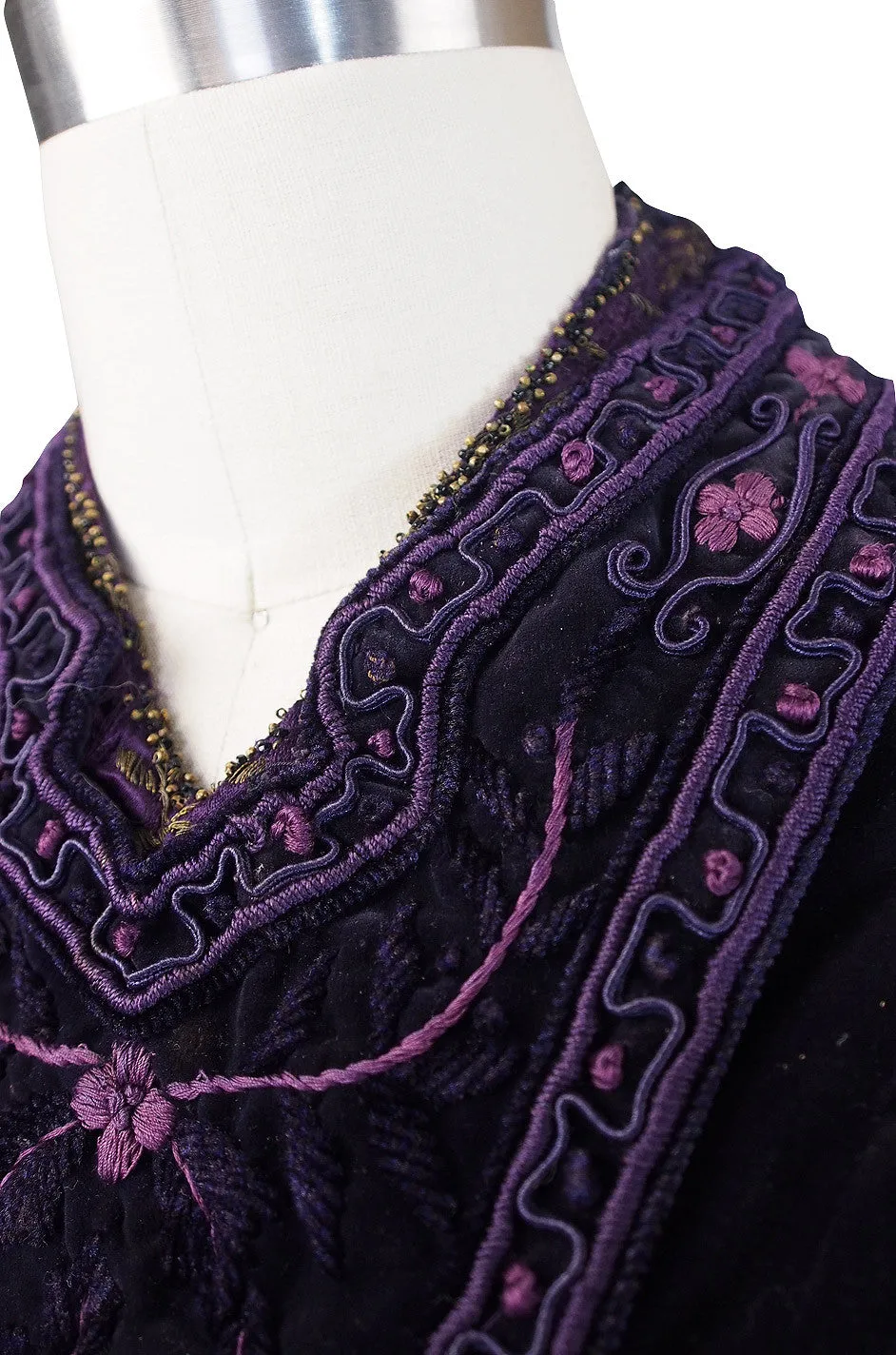 1910s Velvet Emboridered & Applique Panel Dress