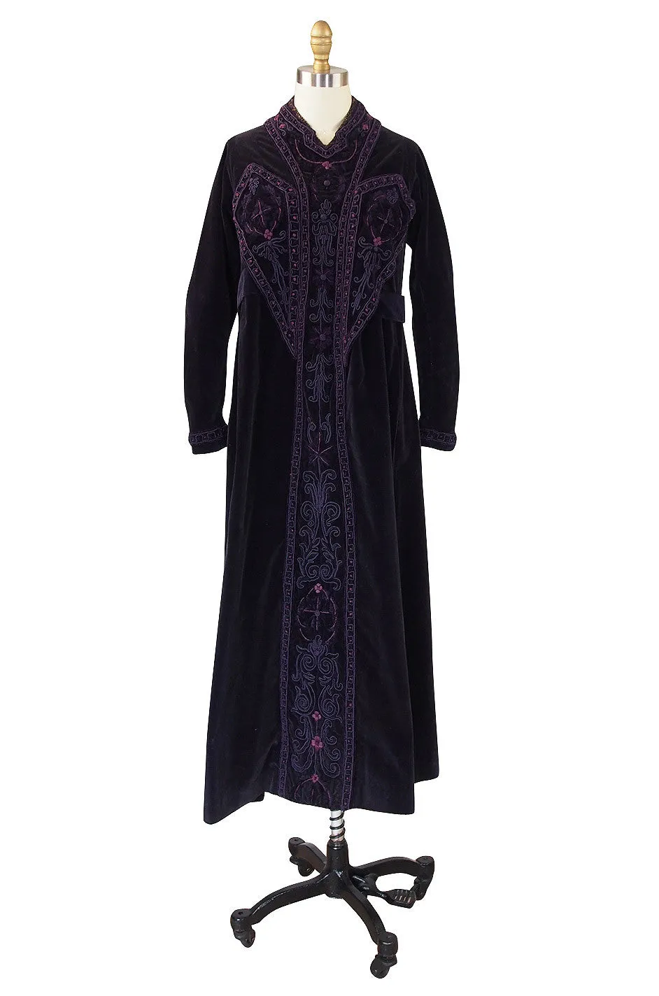 1910s Velvet Emboridered & Applique Panel Dress