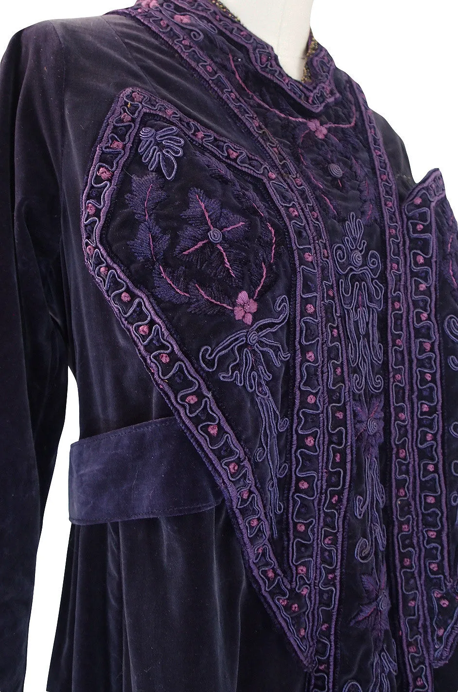 1910s Velvet Emboridered & Applique Panel Dress