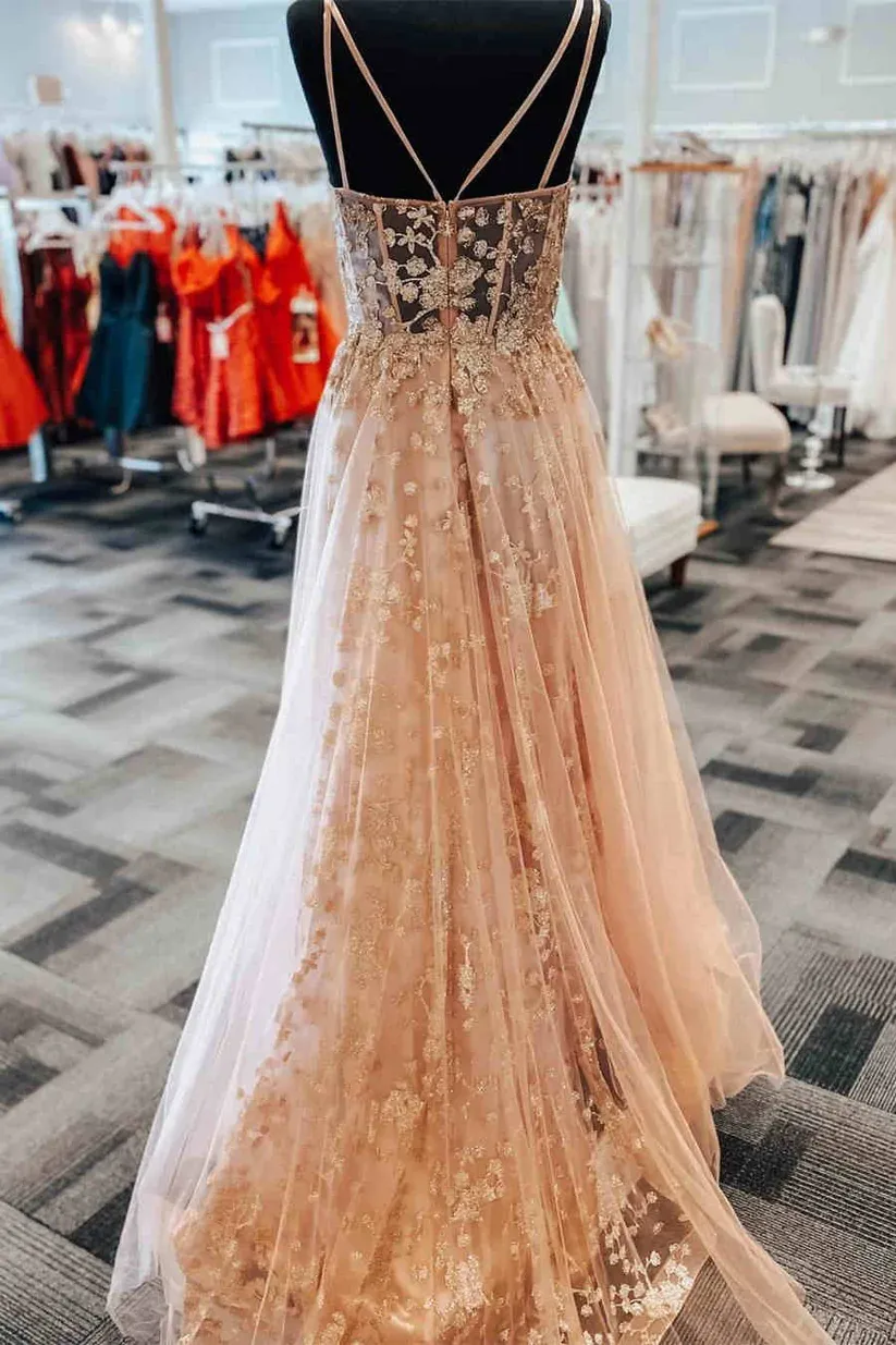 A-Line Straps Blush Pink Prom Dress with Embroidery Y1162