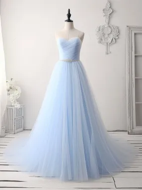 A-Line Sweetheart Neck Tulle Beads Blue Long Prom Dress, Blue Long Formal Dress