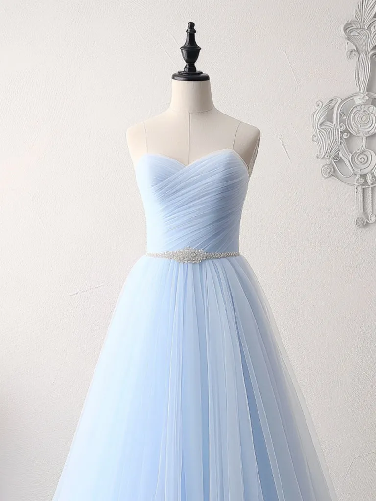 A-Line Sweetheart Neck Tulle Beads Blue Long Prom Dress, Blue Long Formal Dress