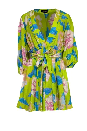 A Peace Treaty - Green & Multi Color Floral V-Neckline Linen Blend Dress Sz M