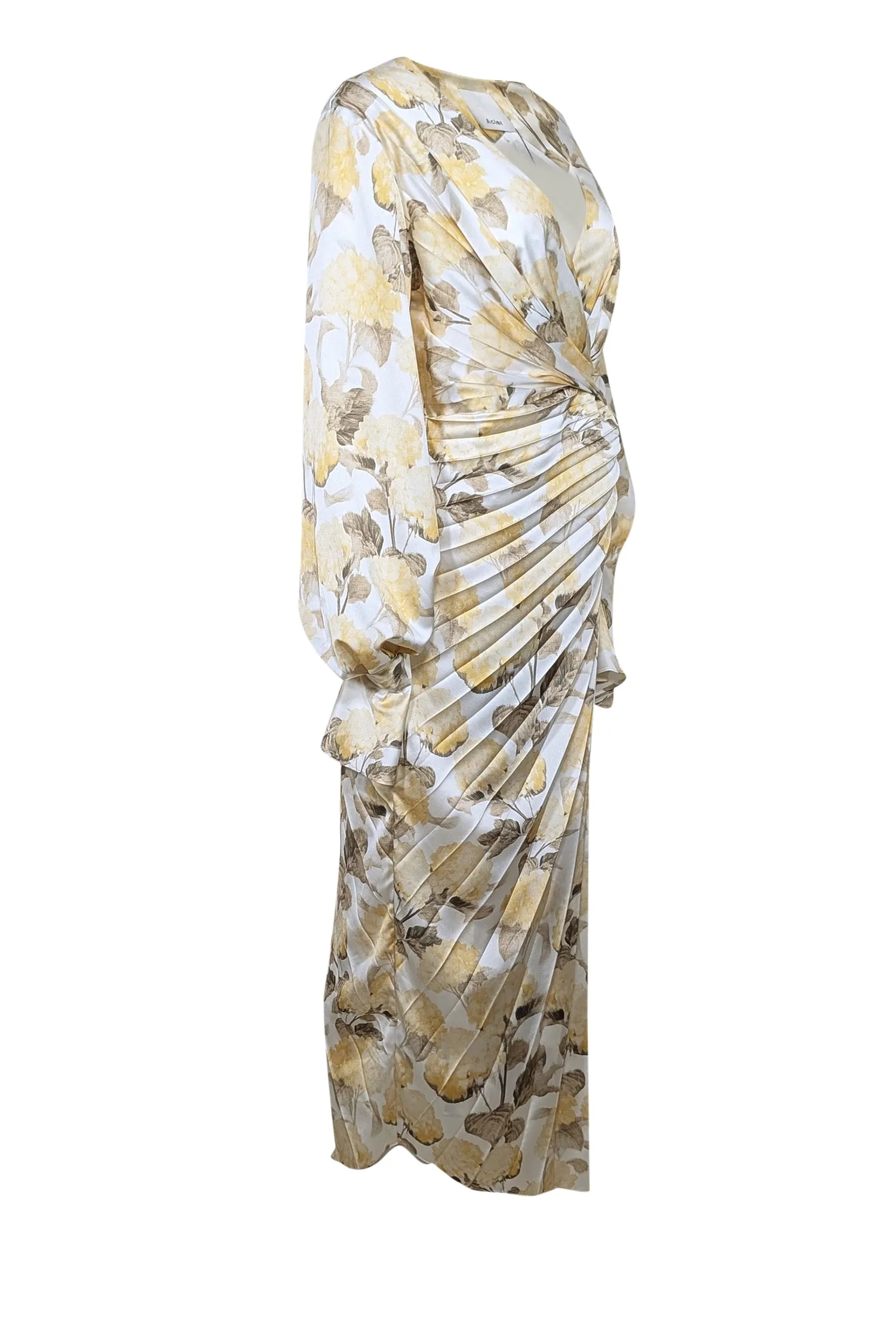 Acler - White w/ Yellow & Olive Hydrangea Print Pleated Satin Dress Sz 8