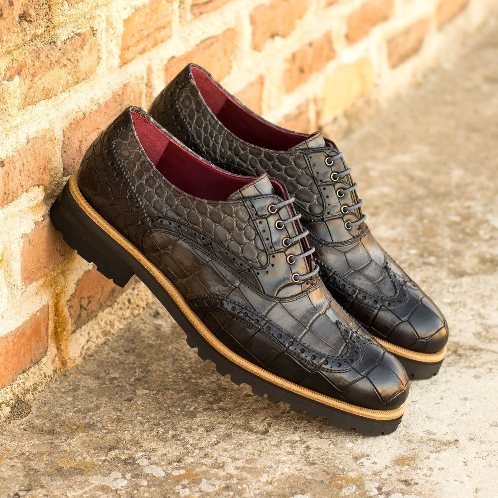 Ambrogio Bespoke Custom Women's Custom Made Shoes Black & Gray Crocodile Print / Calf-Skin Leather Wingtip Oxfords (AMBW1078)