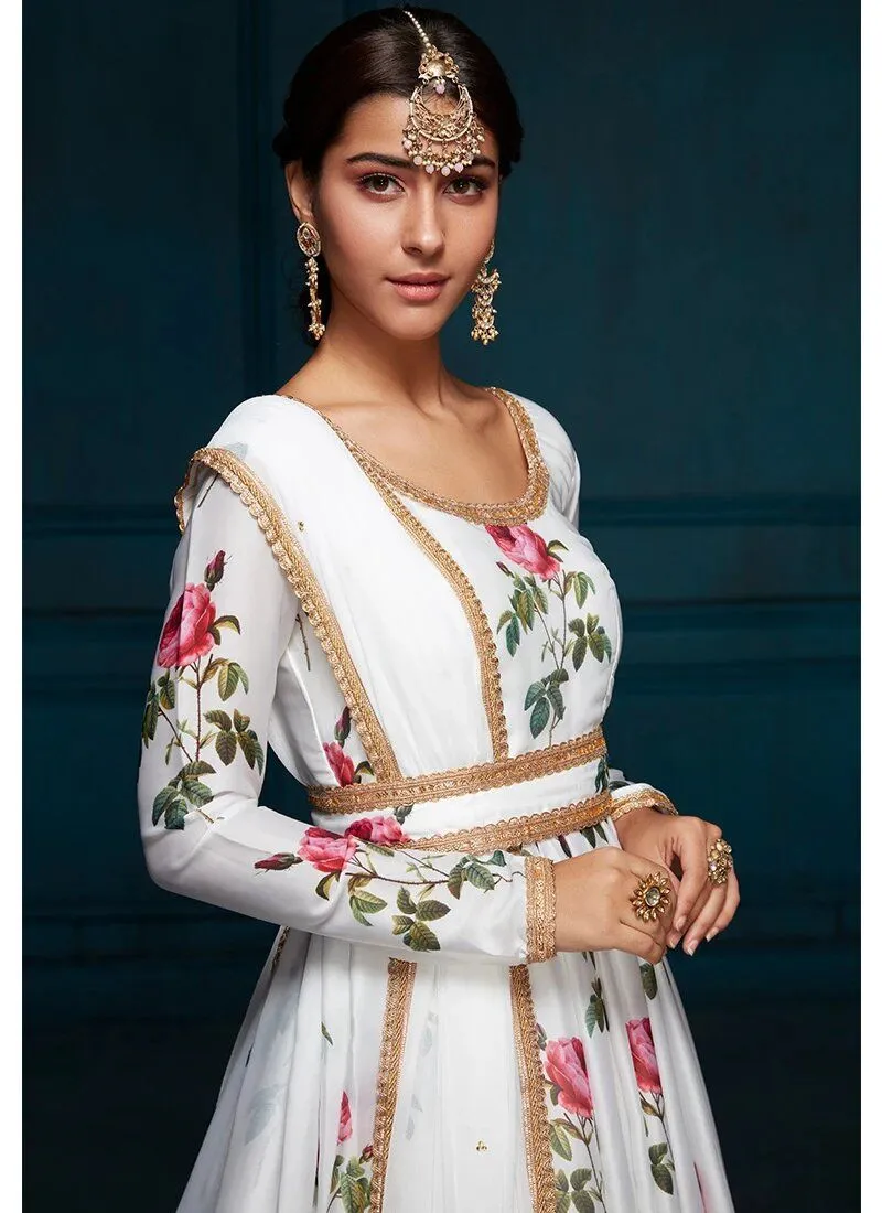 Anarkali in White Floral Printed Satin