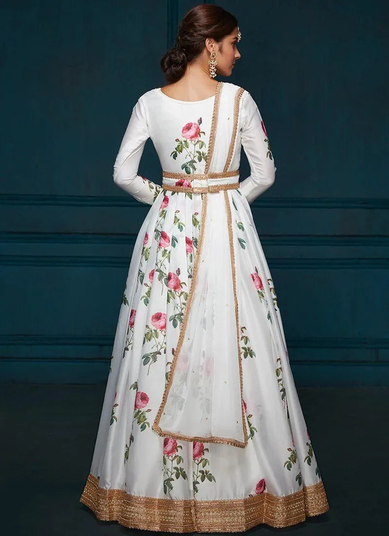 Anarkali in White Floral Printed Satin