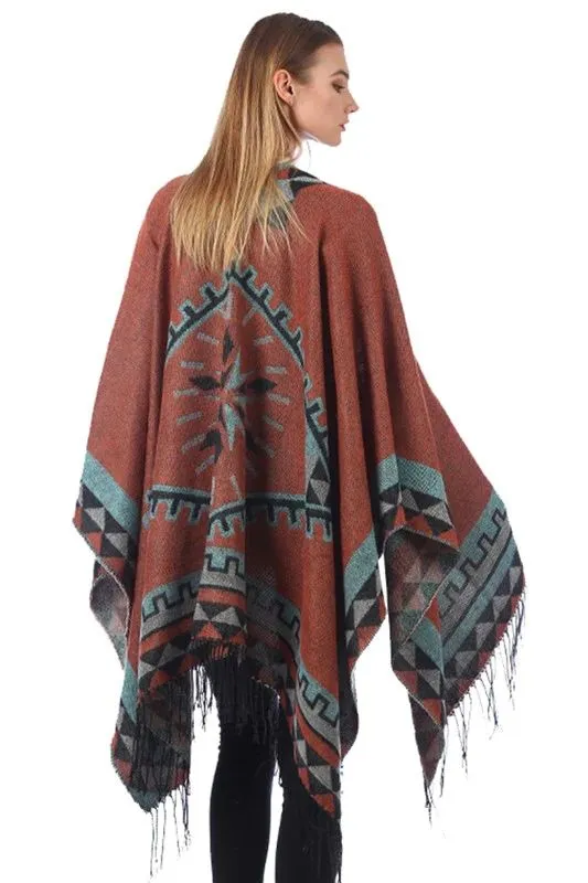 Aztec Ruana Poncho In 10 Different Colors Imitation Cashmere Indian Blanket Scarf Tribal Wrap Terracotta Black Turquoise Charcoal Gray Blue Beige One Size