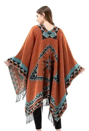 Aztec Ruana Poncho In 10 Different Colors Imitation Cashmere Indian Blanket Scarf Tribal Wrap Terracotta Black Turquoise Charcoal Gray Blue Beige One Size