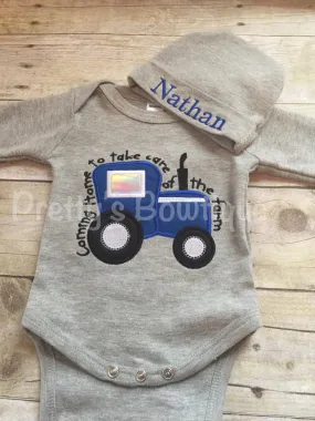 Baby Boy Coming Home Outfit -- Coming home to take care of the farm bodysuit with Hat with Embroidered name