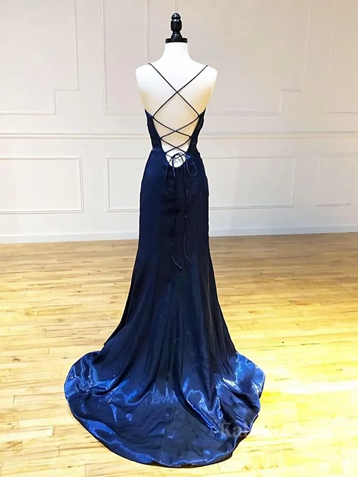 Backless Dark Navy Blue Long Prom Dresses, Dark Navy Blue Formal Graduation Evening Dresses Y7432