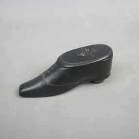 Black Papier Mache Shoe Design Snuff Box With Mother Of Pearl Detail Antique Georgian c1820