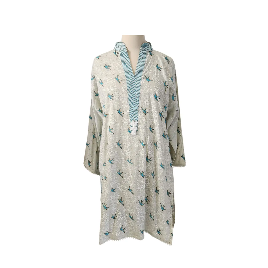 Blocked Light Blue Bird Block Print Kamdani Kurta | Gently Used |