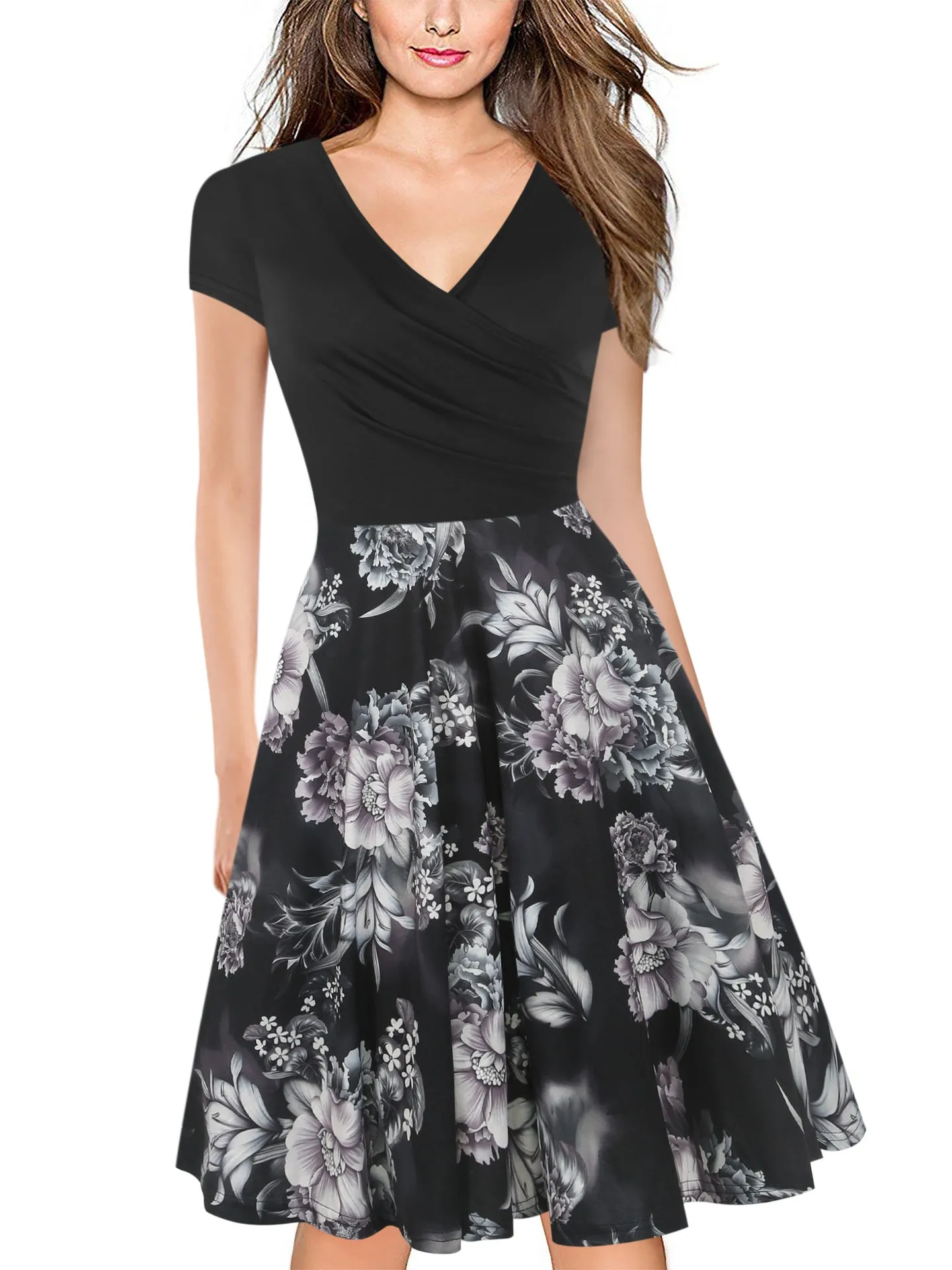 Contrast Patterned Skirt Surplice Dress