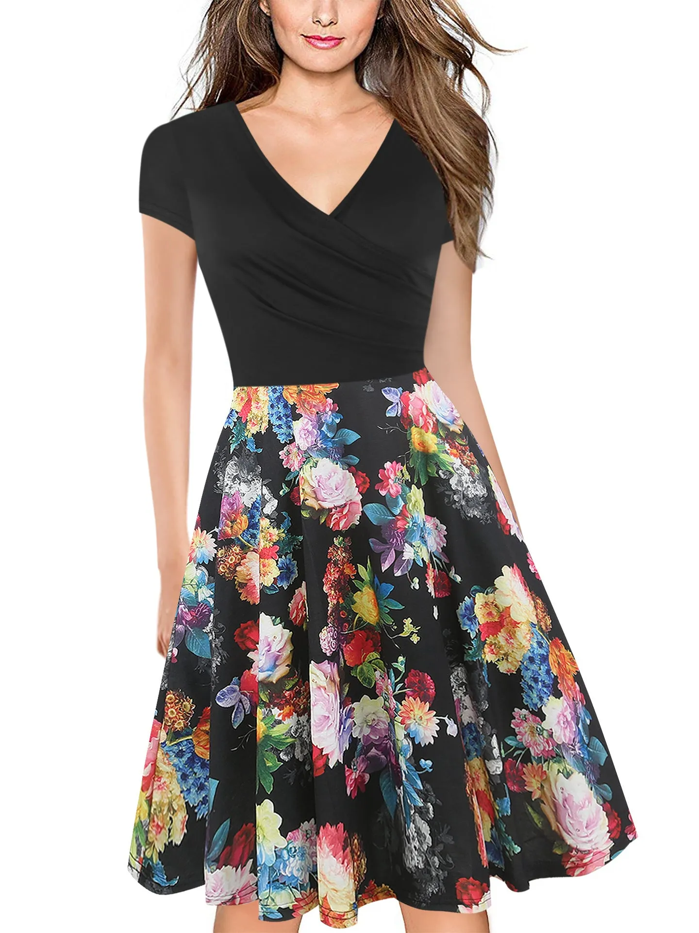 Contrast Patterned Skirt Surplice Dress