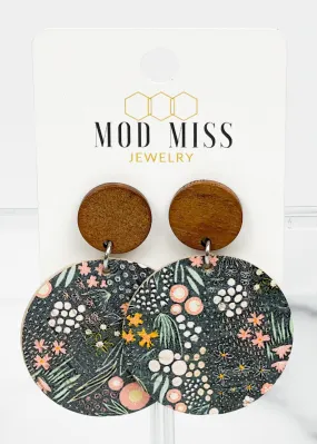 Cork Leather Round Earring Pastel Floral