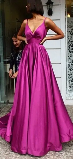 Deep V-neck Long A-line Satin Prom Dresses, High Waist Prom Dresses, Long Prom Dresses