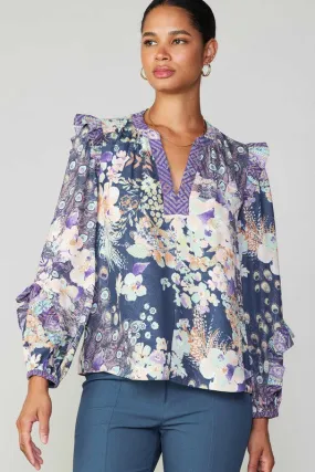 Floral Print Top w/ Placket & Ruffles