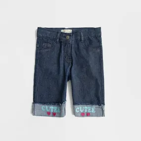 Girls Embroidered 5 Pockets Denim Short With Adjuster