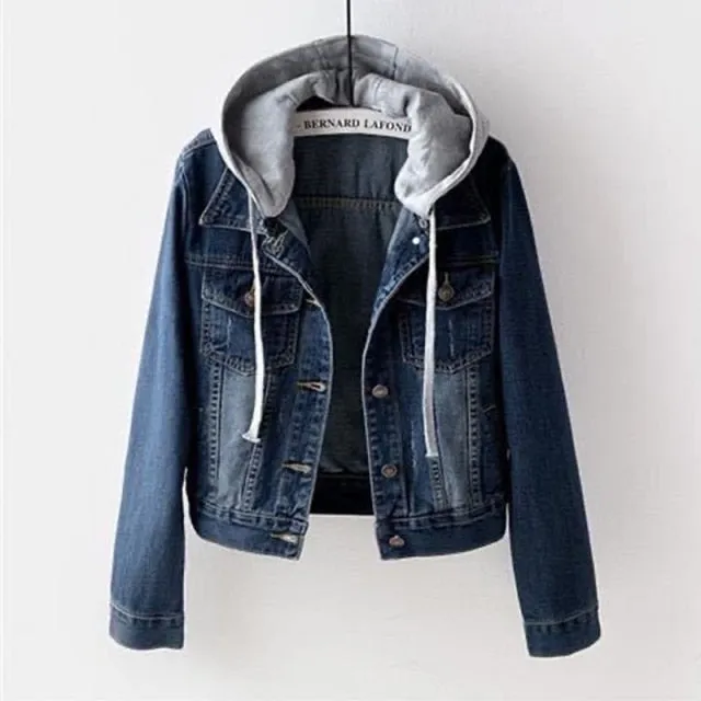 Jean Jacket With Gray Sweat Jacket Drawstring Hoodie Faded Denim Or Dark Blue Available In Sizes Small Medium Large XL And Plus Sizes 2X 3X And 4X