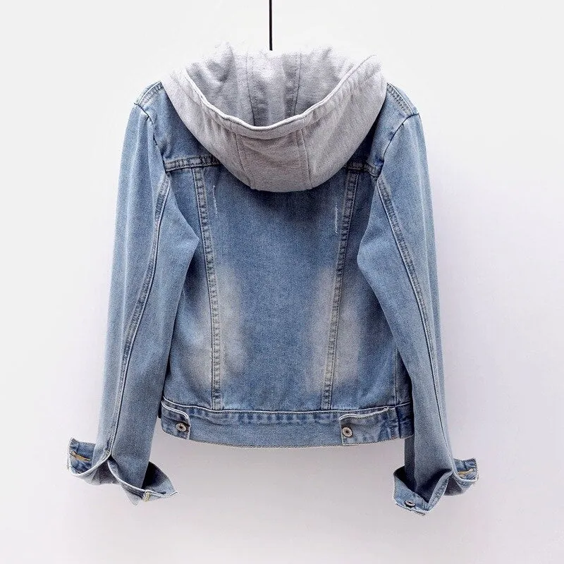 Jean Jacket With Gray Sweat Jacket Drawstring Hoodie Faded Denim Or Dark Blue Available In Sizes Small Medium Large XL And Plus Sizes 2X 3X And 4X