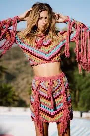 Joni Spell And The Gypsy Set Crochet Crop Top And Skirt Long Fringe Sleeves Multi Rainbow Colored Festival Goddess Size Small / Medium