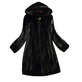 LAUTARO Women's Fine Fashion Luxury Style Long Hooded Faux Fur Black Coat Jacket