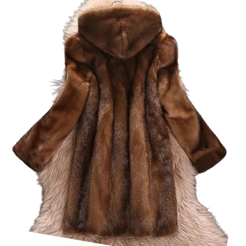 LAUTARO Women's Fine Fashion Luxury Style Long Hooded Faux Fur Brown Coat Jacket