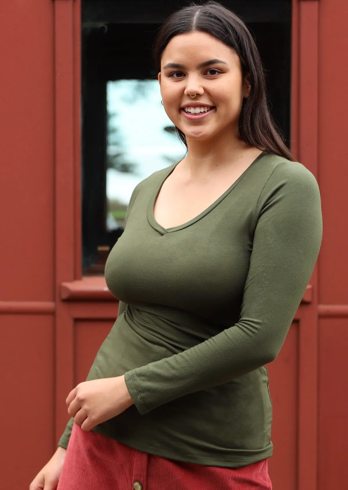 Long Sleeve Stretch V-neck Top Olive