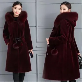 LUGENTOLO Women's Fine Fashion Elegant Burgundy Red Faux Fur Coat Jacket With Hoody & Tassel Pom-Pom