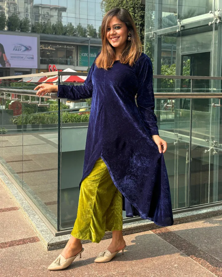 Navy Asymmetrical Velvet Kurta For Women