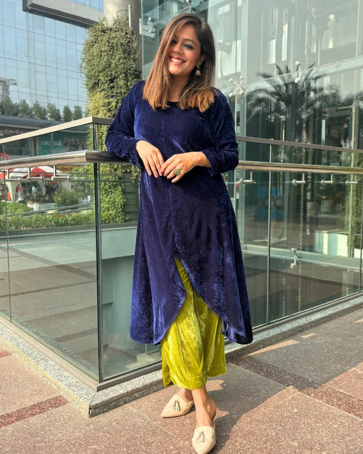 Navy Asymmetrical Velvet Kurta For Women