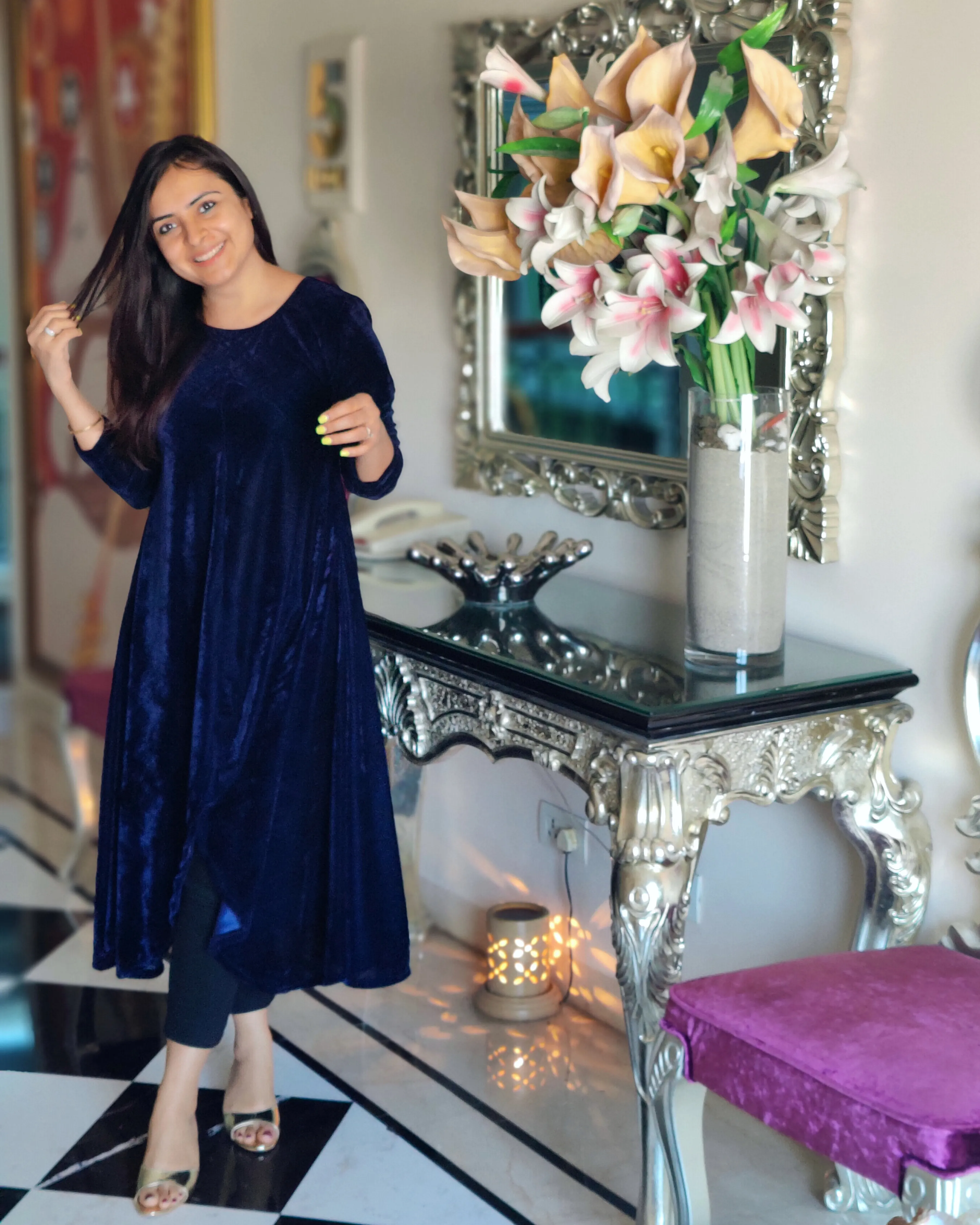 Navy Asymmetrical Velvet Kurta For Women