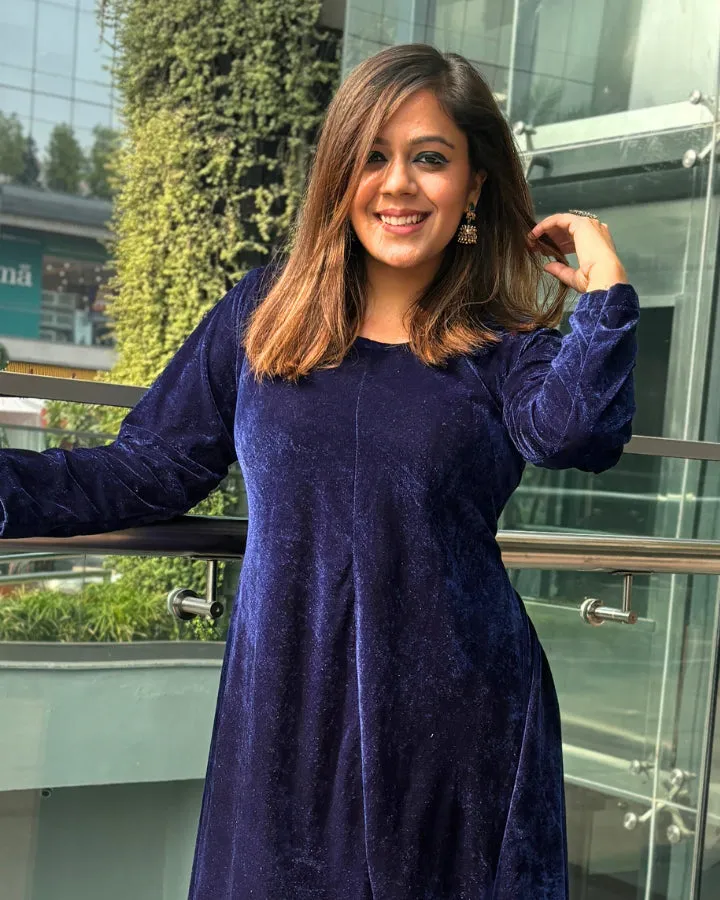 Navy Asymmetrical Velvet Kurta For Women