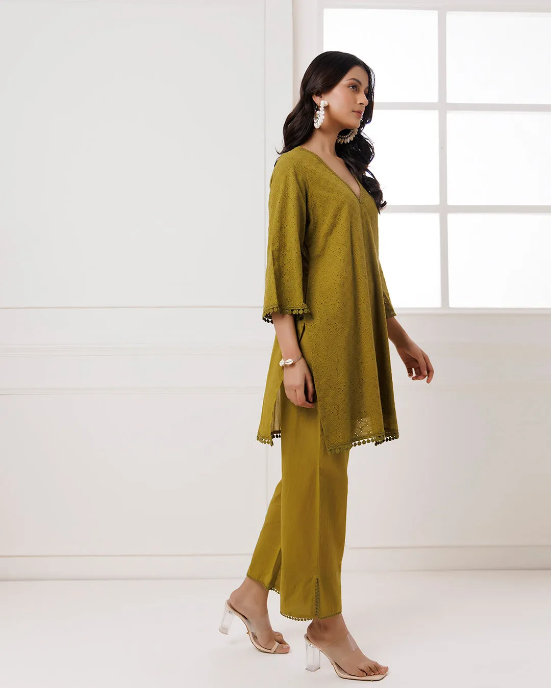 Olive Green Schiffili Kurta Set