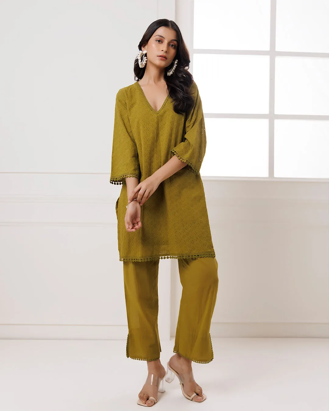 Olive Green Schiffili Kurta Set