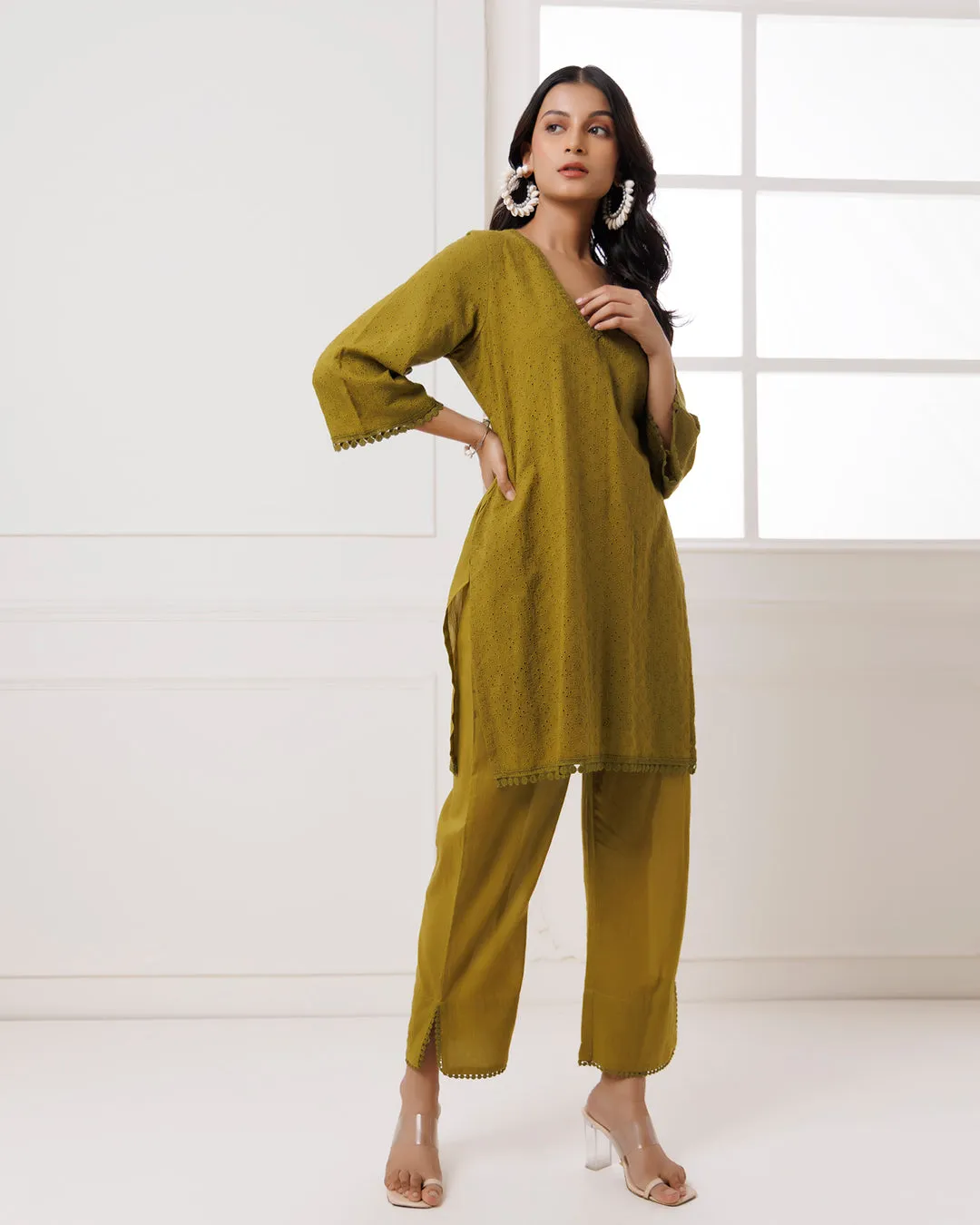 Olive Green Schiffili Kurta Set