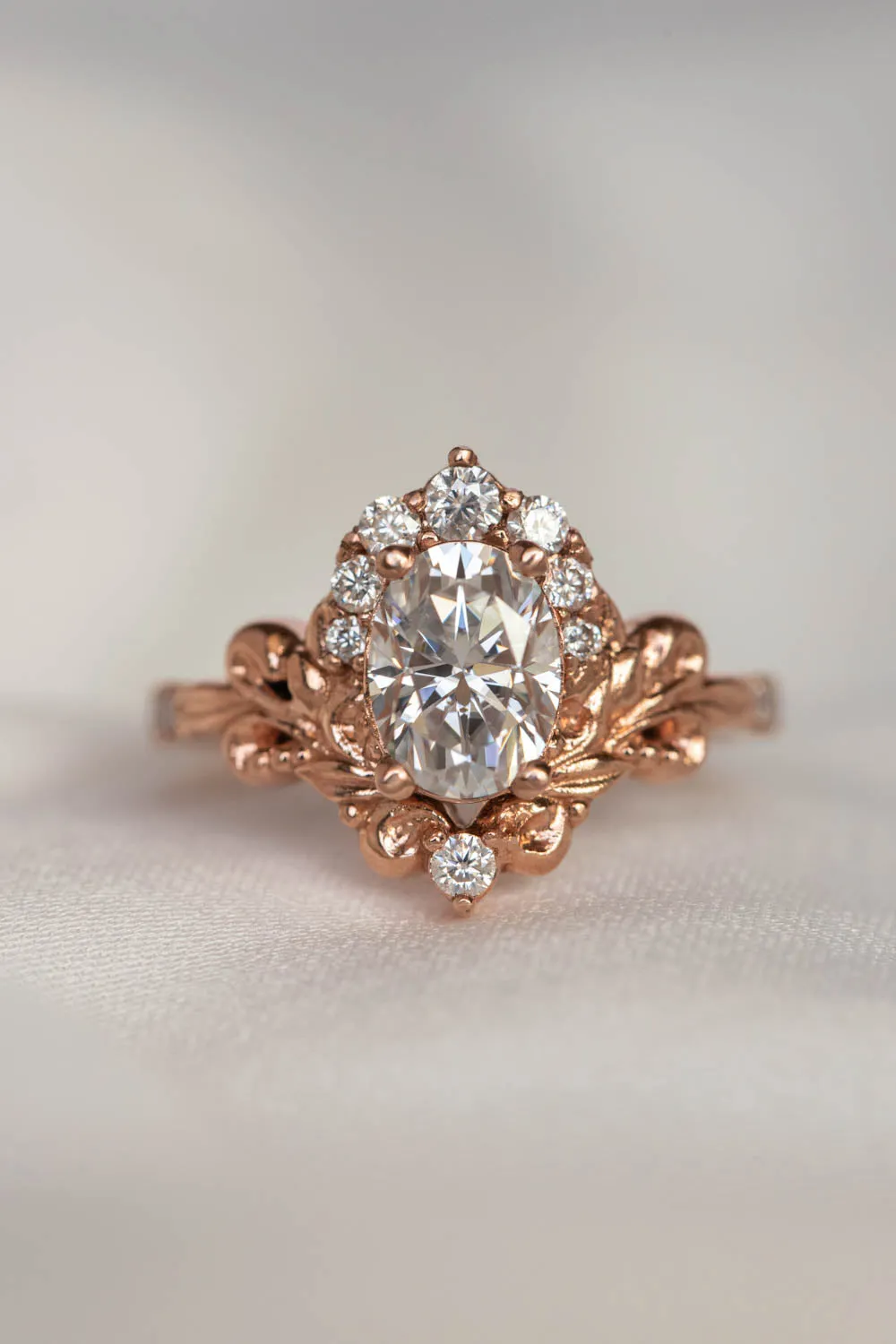 Oval moissanite and diamond halo engagement ring, gorgeous nature inspired rose gold ring with diamonds / Sophie