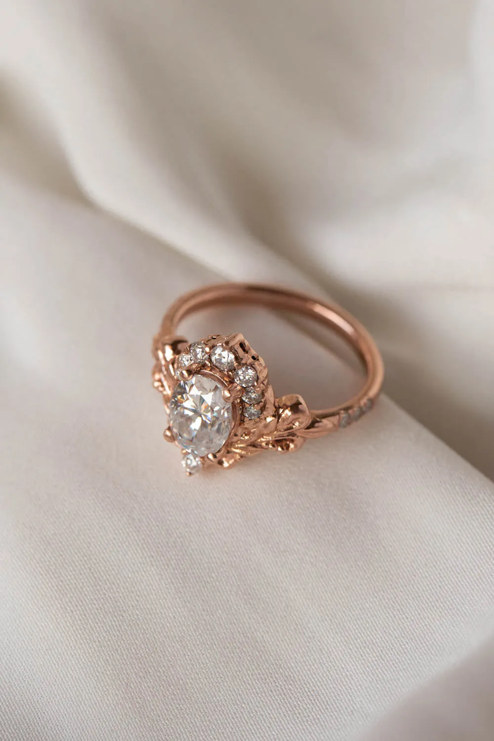 Oval moissanite and diamond halo engagement ring, gorgeous nature inspired rose gold ring with diamonds / Sophie