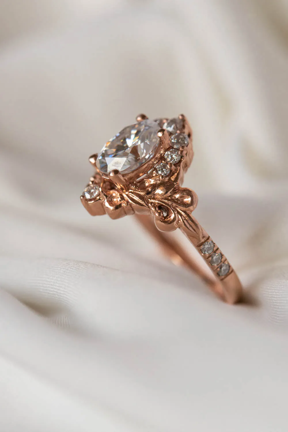 Oval moissanite and diamond halo engagement ring, gorgeous nature inspired rose gold ring with diamonds / Sophie