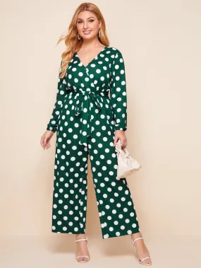 Plus Surplice Neck Self Belted Wide Leg Polka Dot Jumpsuit