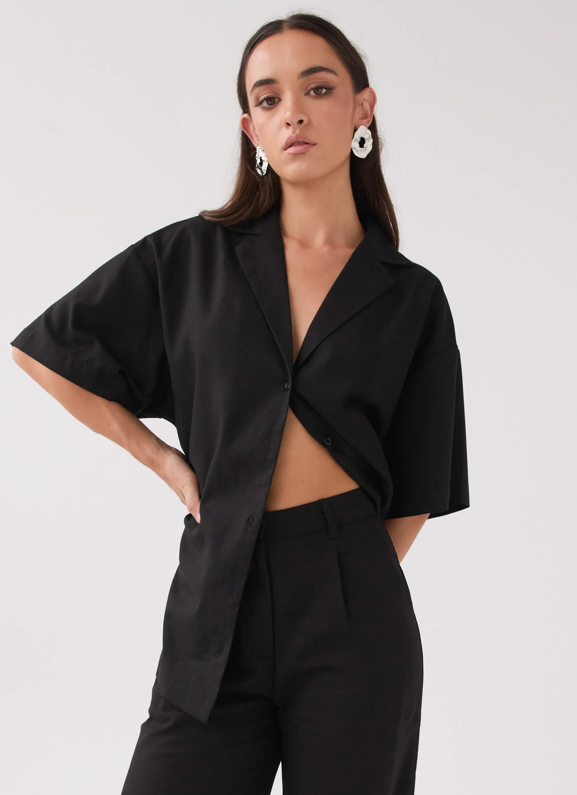 Roll With Me Linen Oversized Shirt - Black