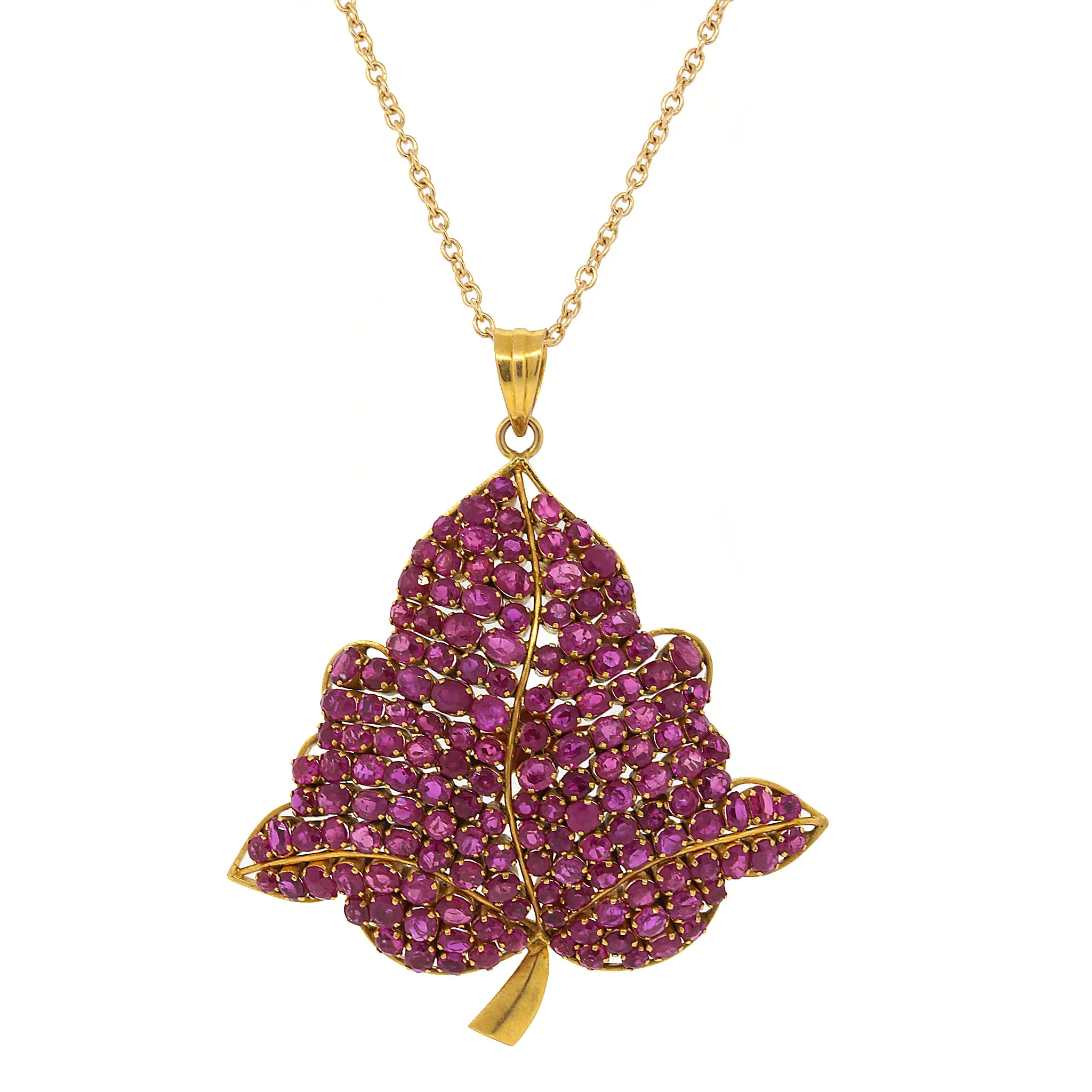 Ruby Leaf Pendant in 14k Yellow Gold