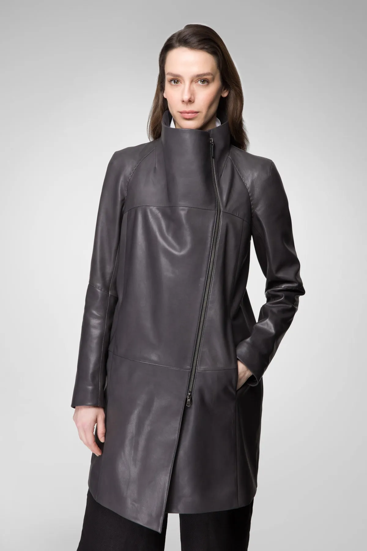 Sara - Anthracite Leather Coat