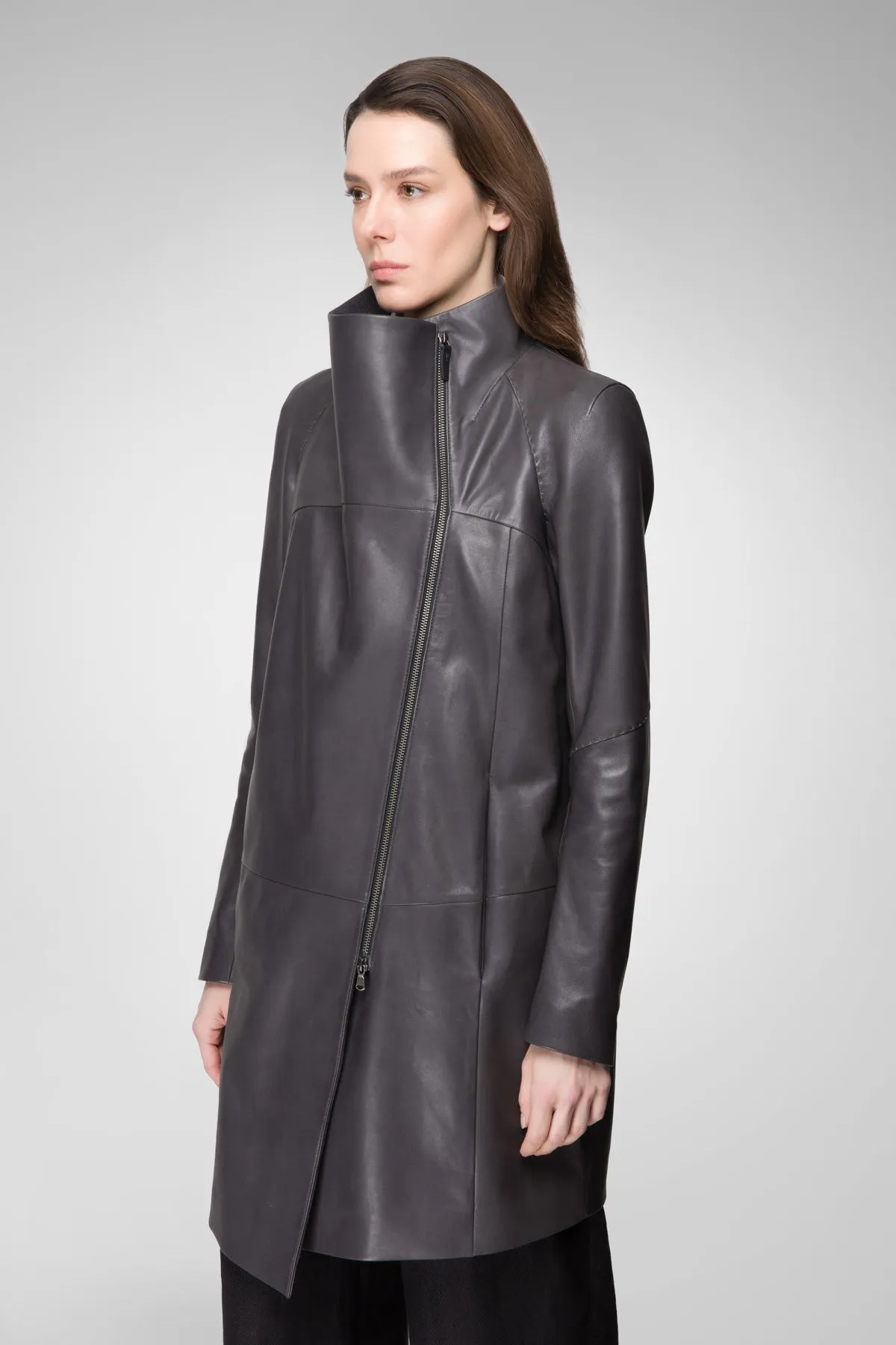 Sara - Anthracite Leather Coat