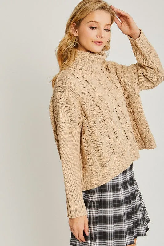 Turtle Neck Cable Knit Sweater in  Oatmeal and Pink