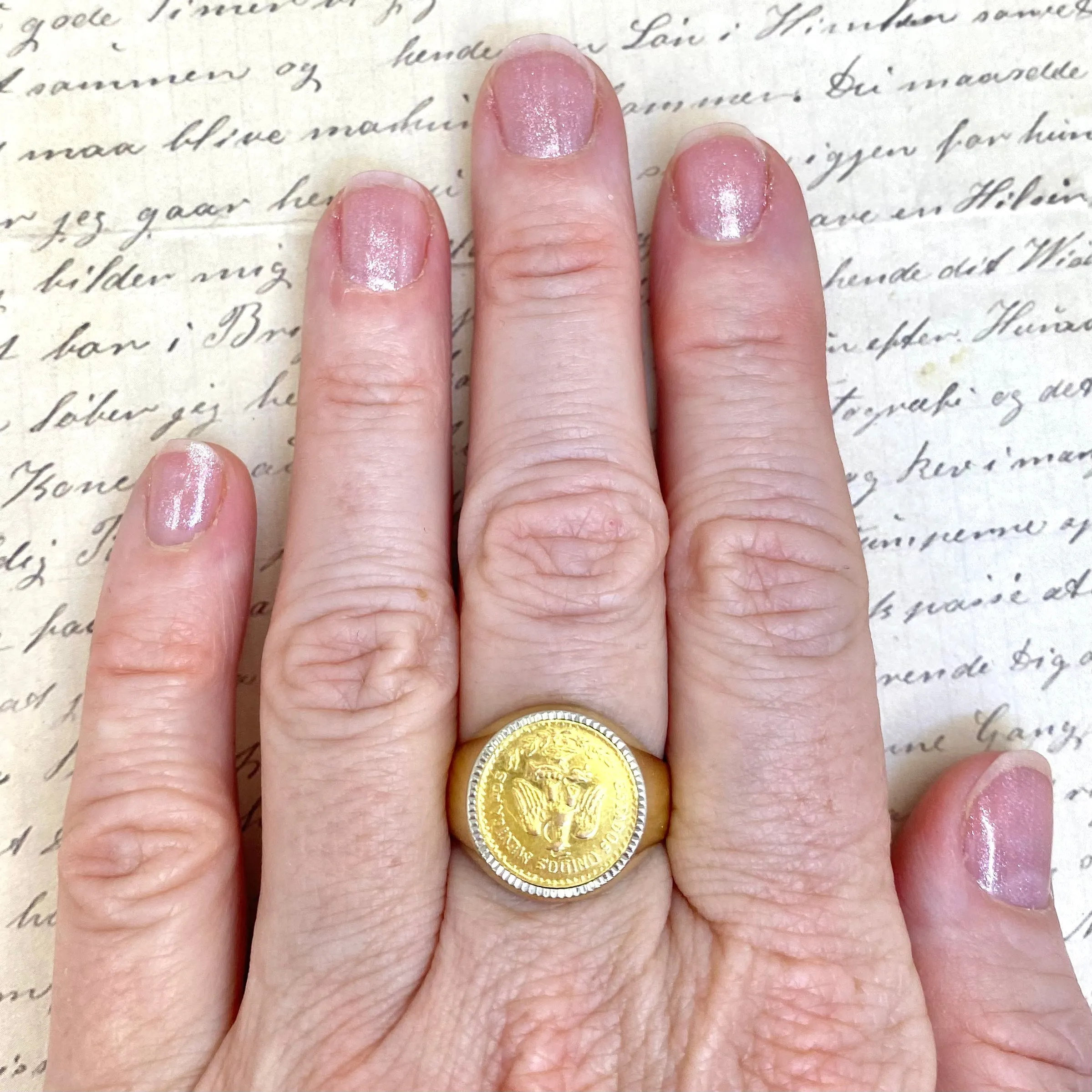 Vintage 2 Pesos Gold Coin Ring