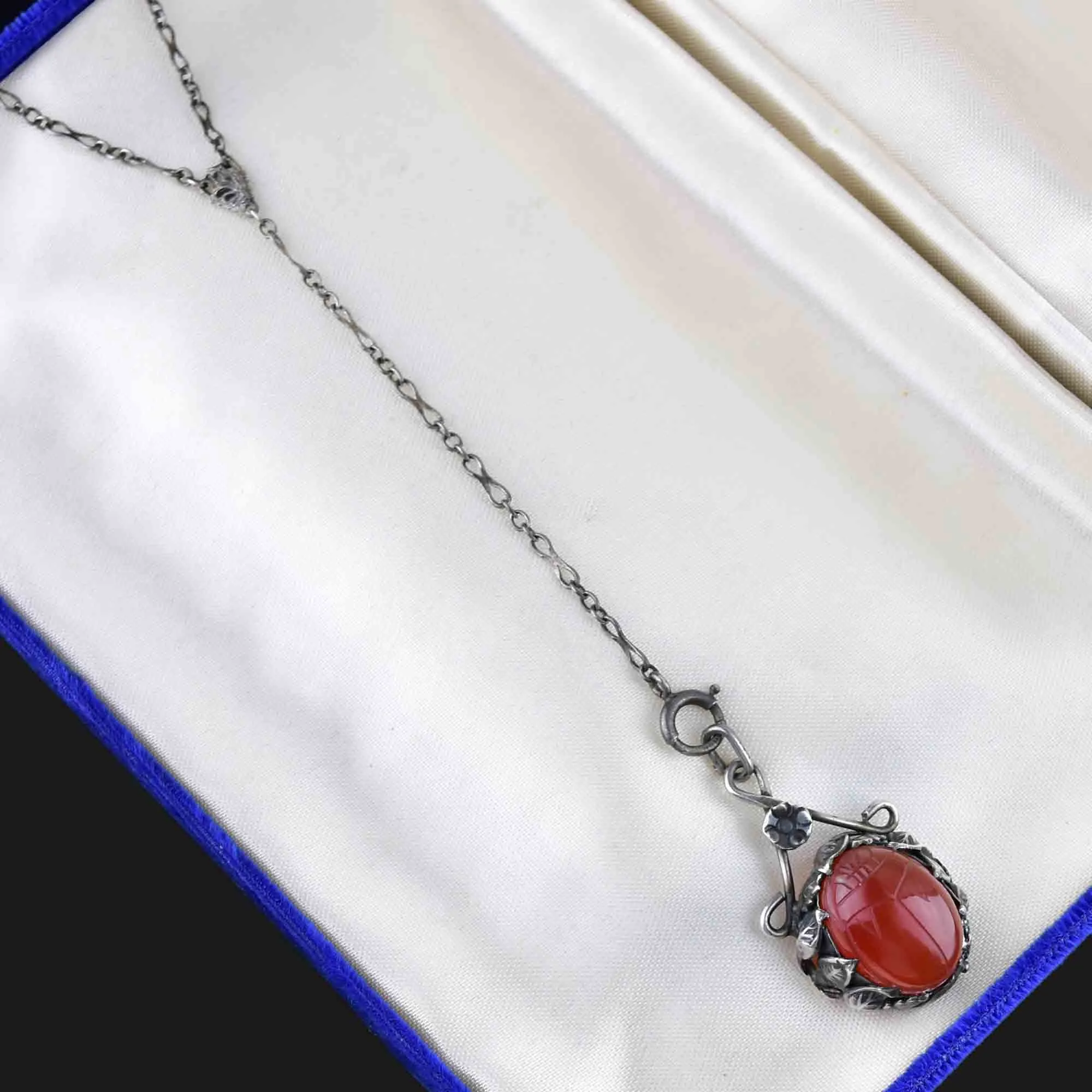 Vintage Art Deco Carnelian Scarab Y Chain Necklace