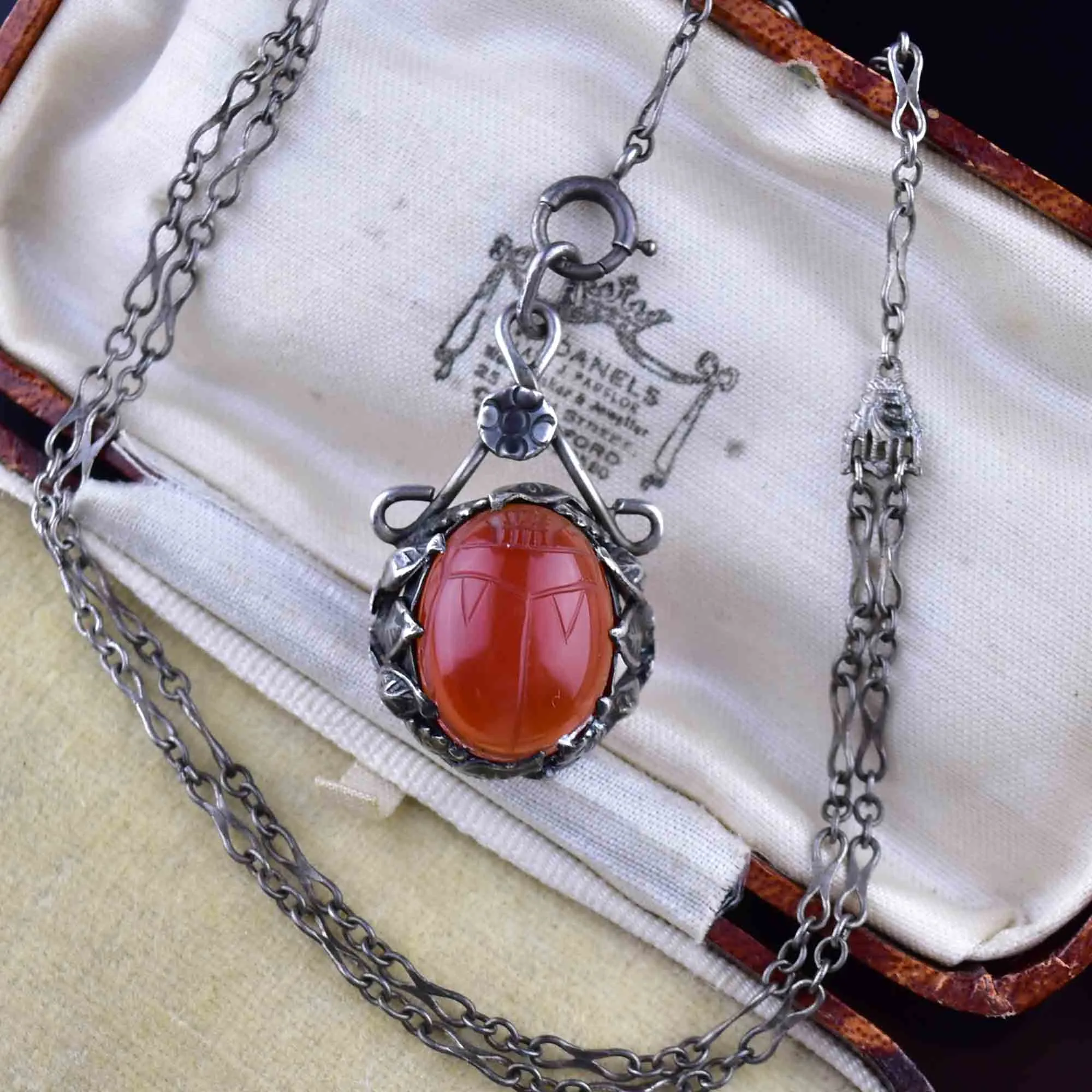 Vintage Art Deco Carnelian Scarab Y Chain Necklace