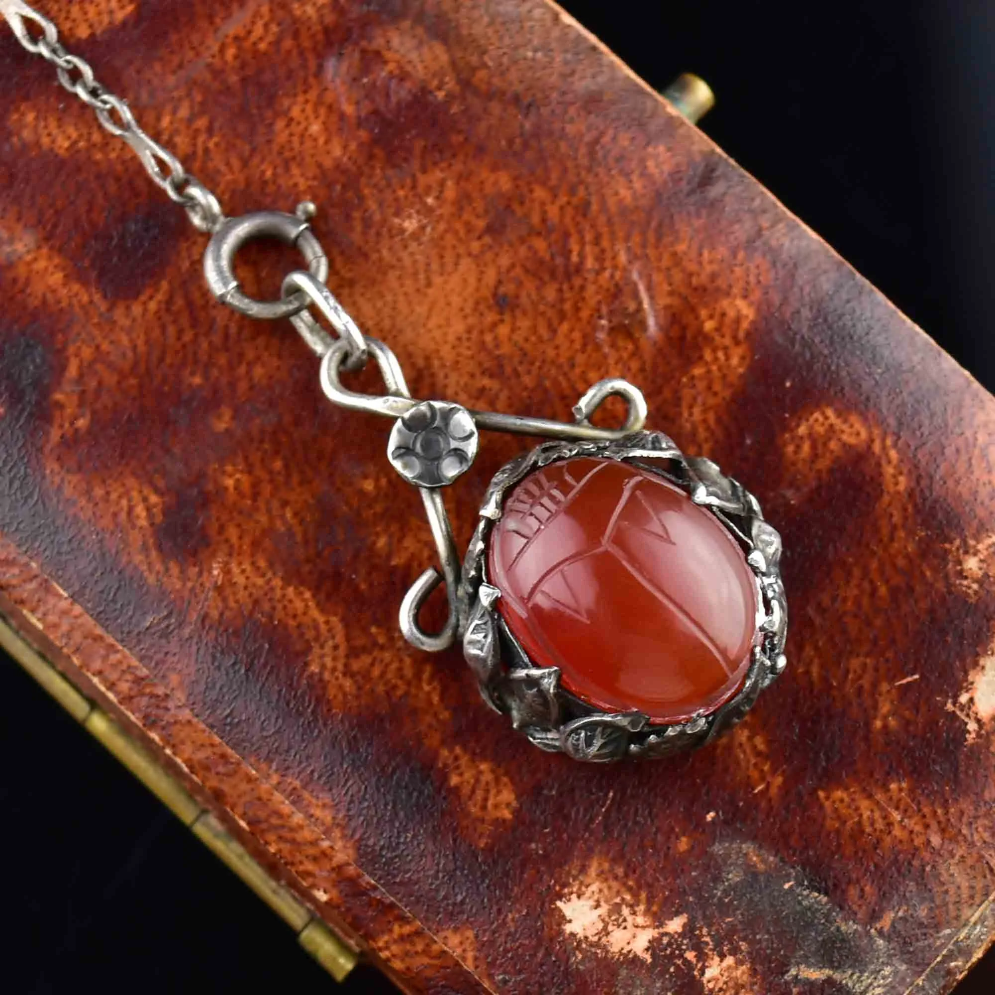 Vintage Art Deco Carnelian Scarab Y Chain Necklace